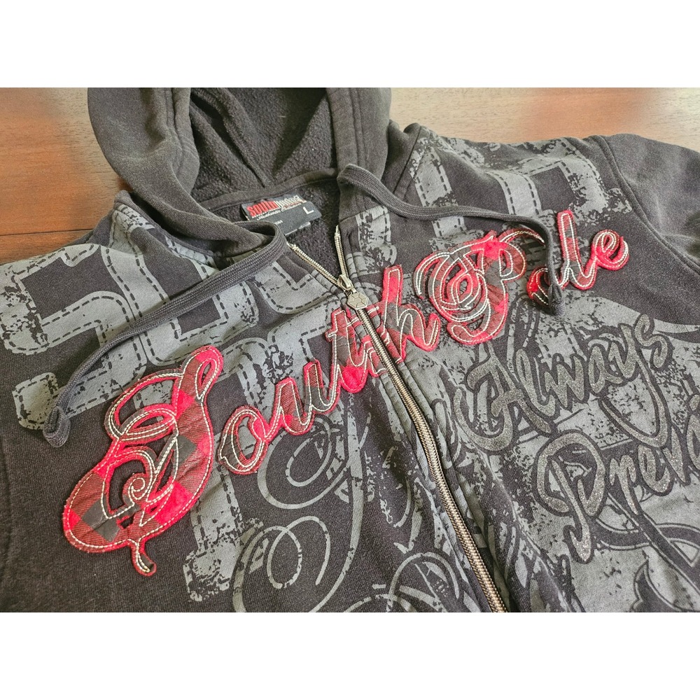 Southpole Zip Up Hoodie Mens Large Black Red Plaid Graphic Y2K Streetwear